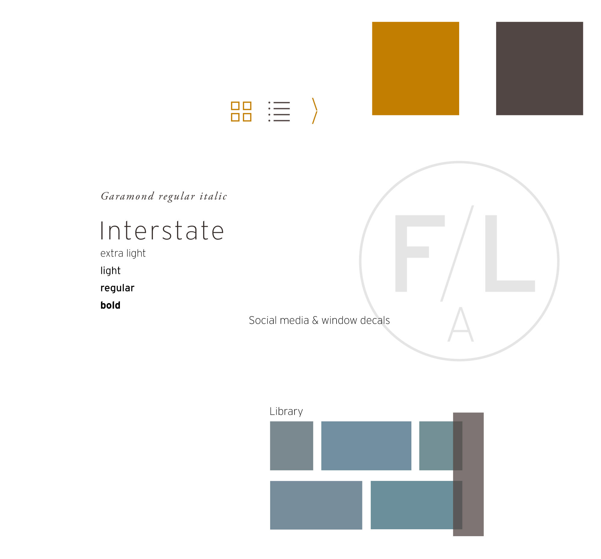 FLA mood board with colour swatches, typography and social media icon.