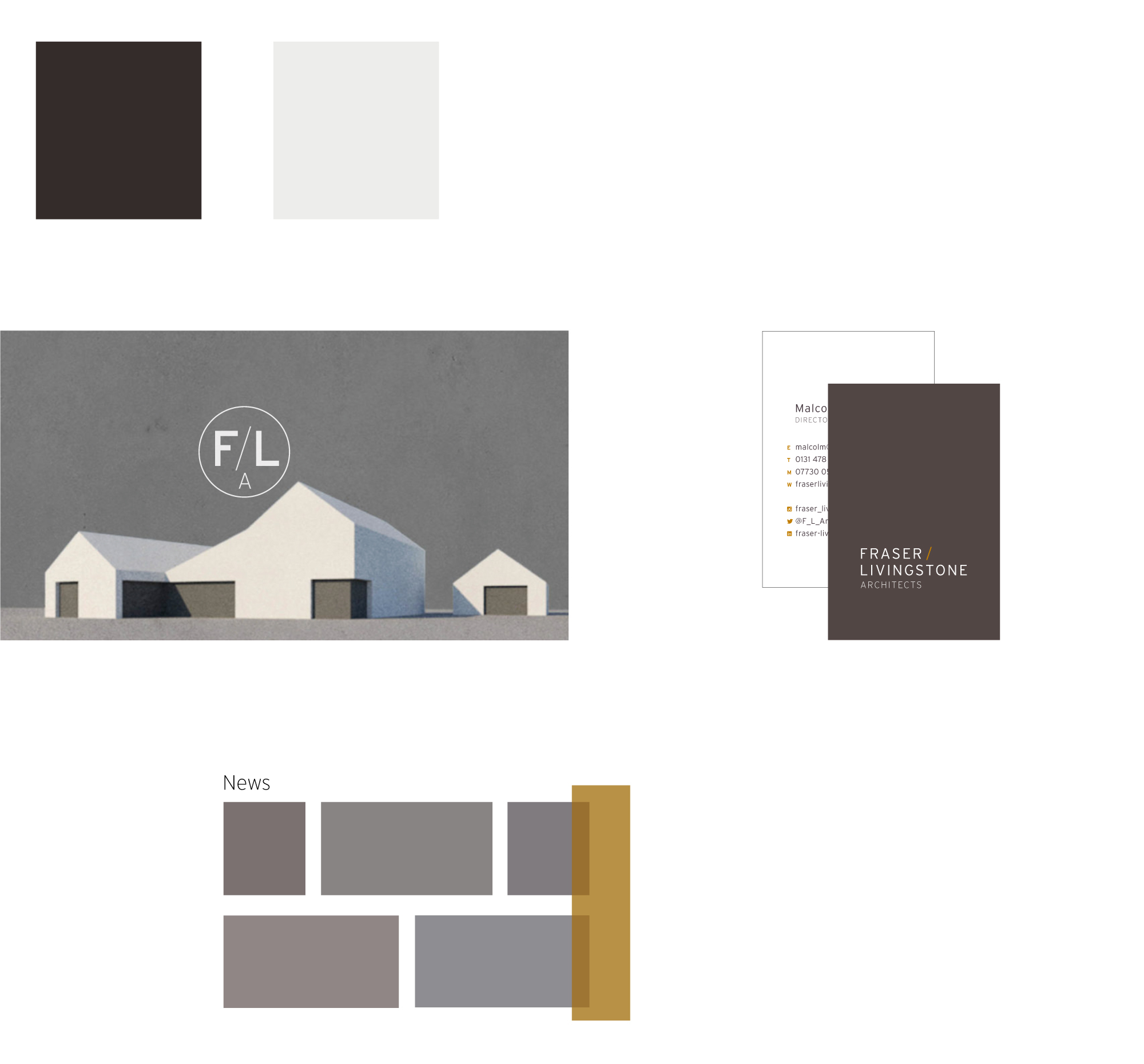 Fraser Livingstone Architects mood board with colour swatches, business cards and building image.