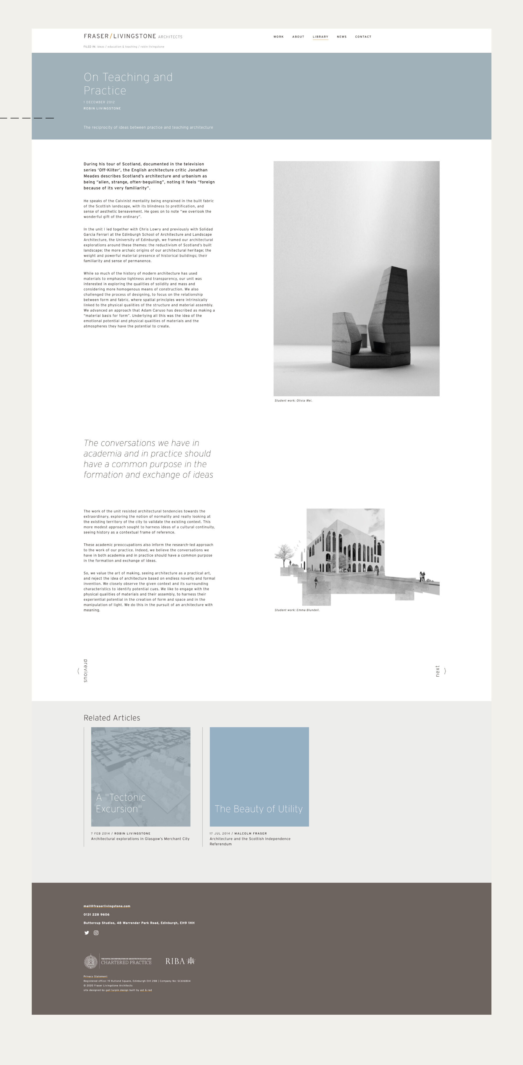 Visual of FLA Library page - On teaching and practice - showing a black and white sketch, model and typography.