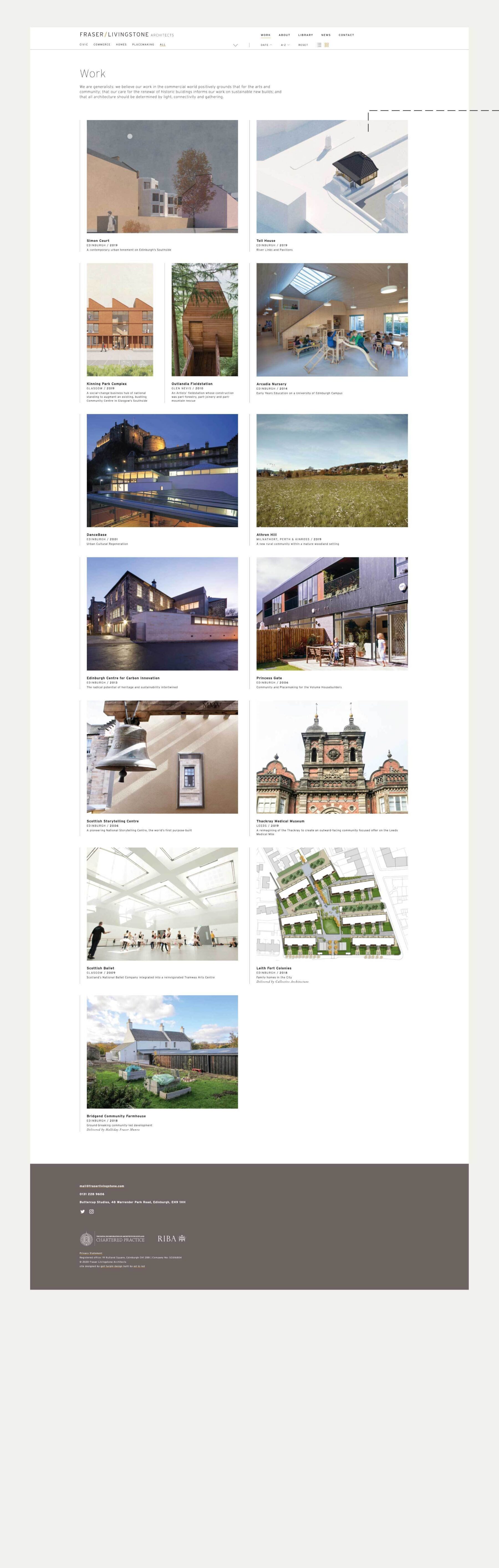Visual showing the work page from the Fraser Livingstone website. Each project is illustrated with an image.