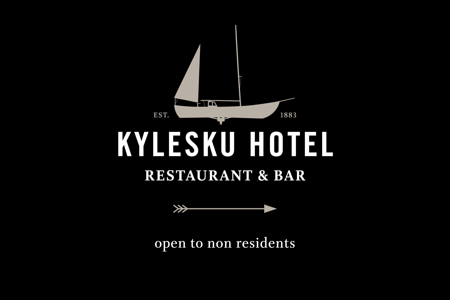 Visual of signage designed for Kylesku Hotel. Boat and type on dark grey background.