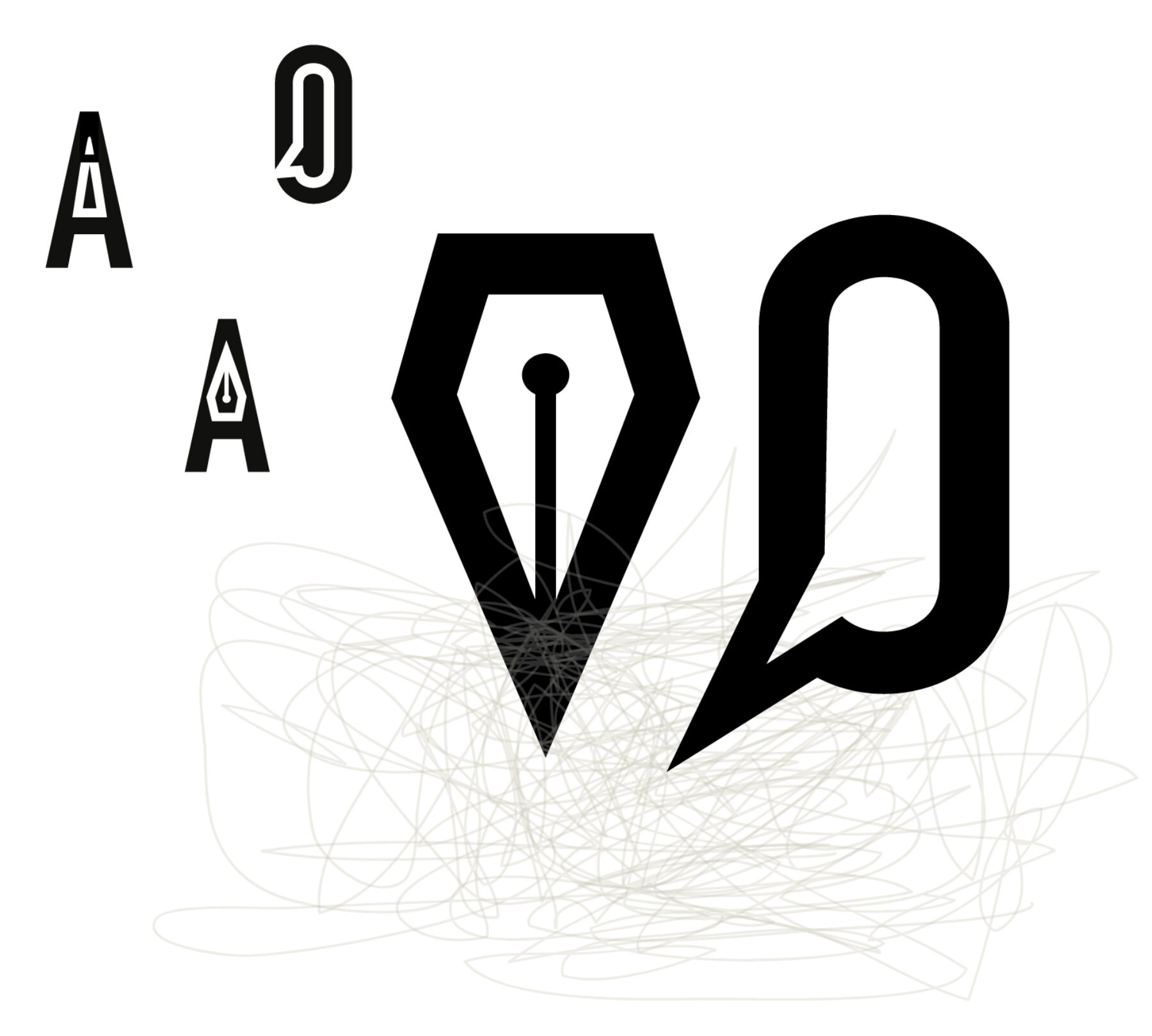 Black logo sketches of capital A, pen nib and speech bubble.