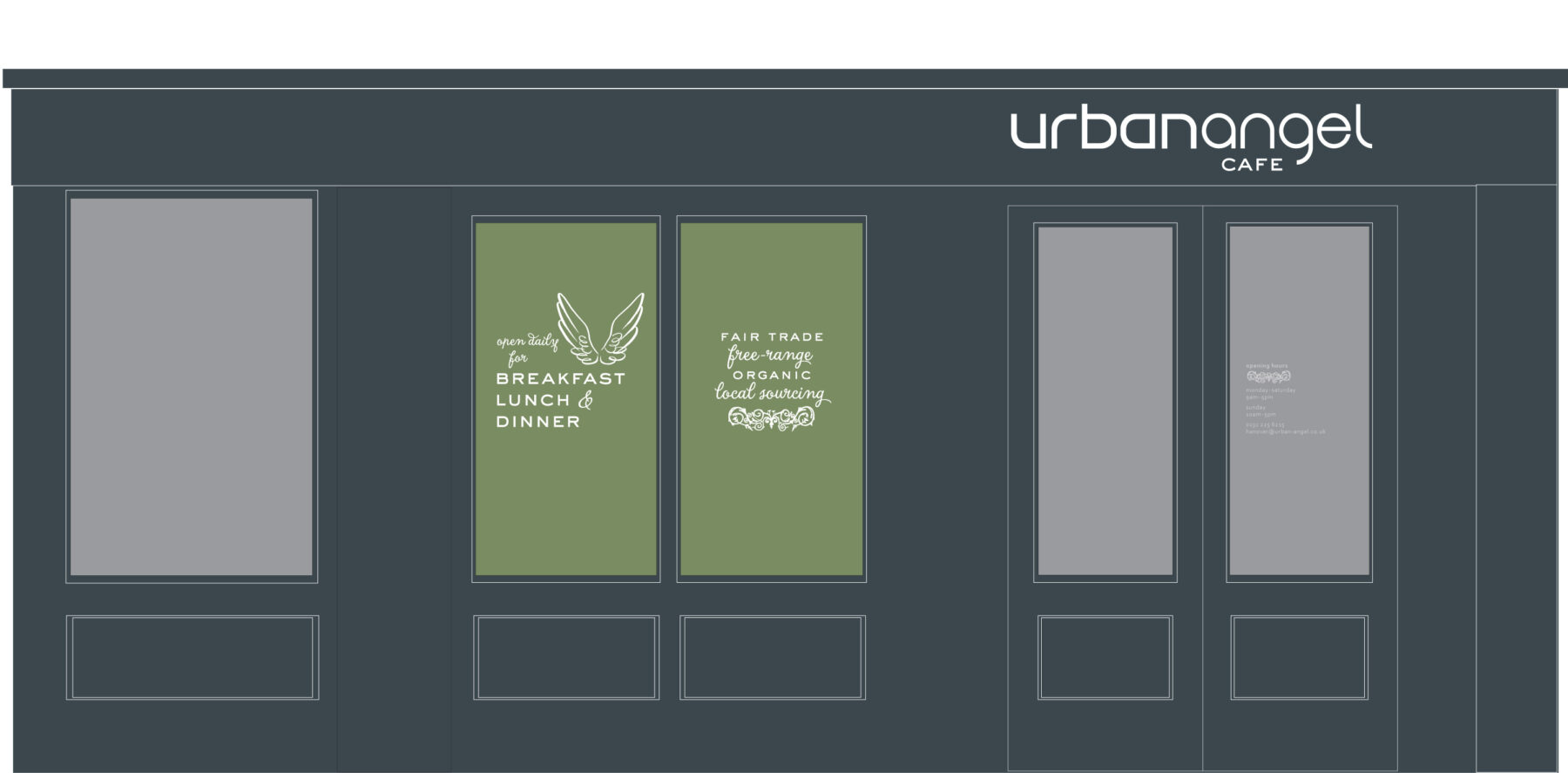 Visual of urbanangel cafe exterior showing paint colours and graphics for window decals.