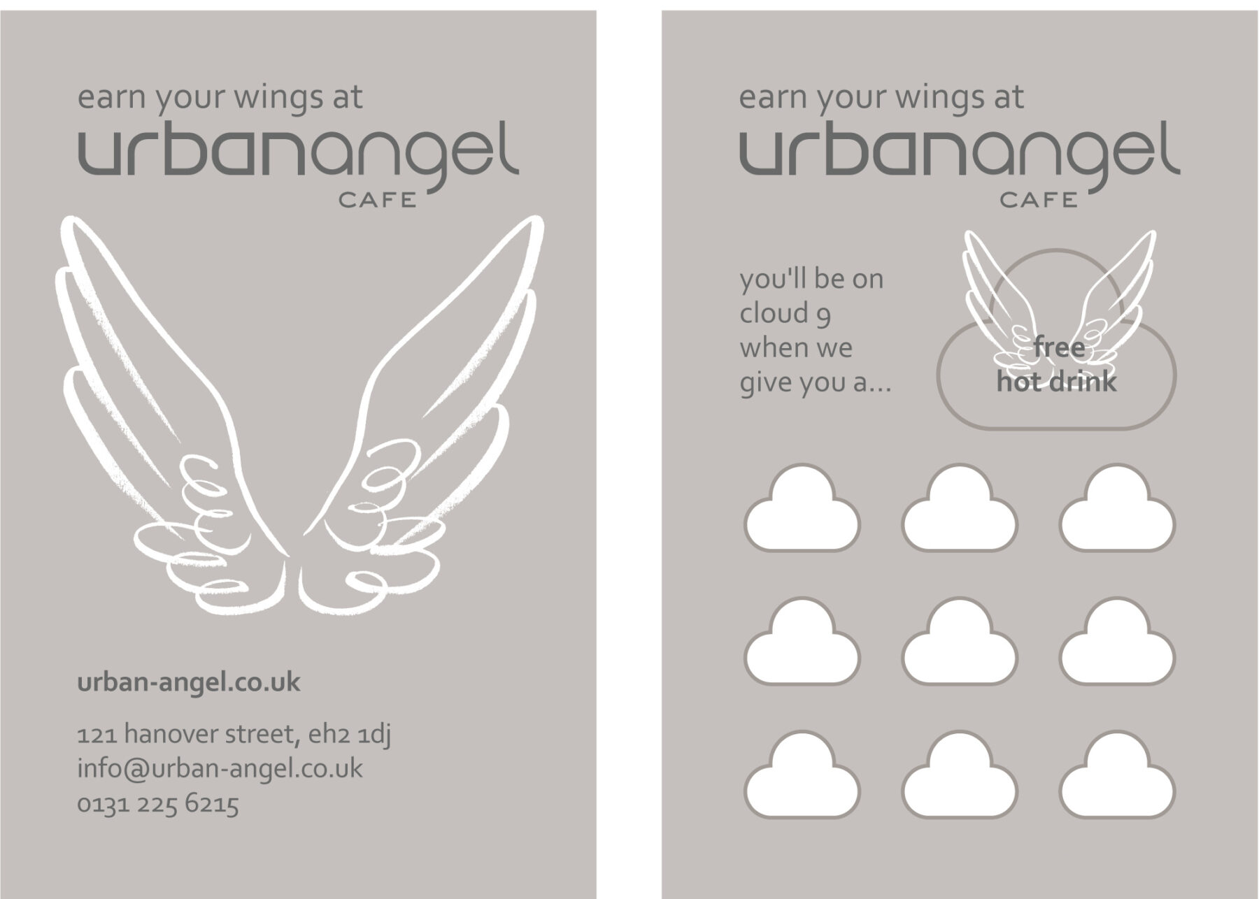 Front and back of Urbanangel loyalty card. A free coffee when you reach cloud 9.