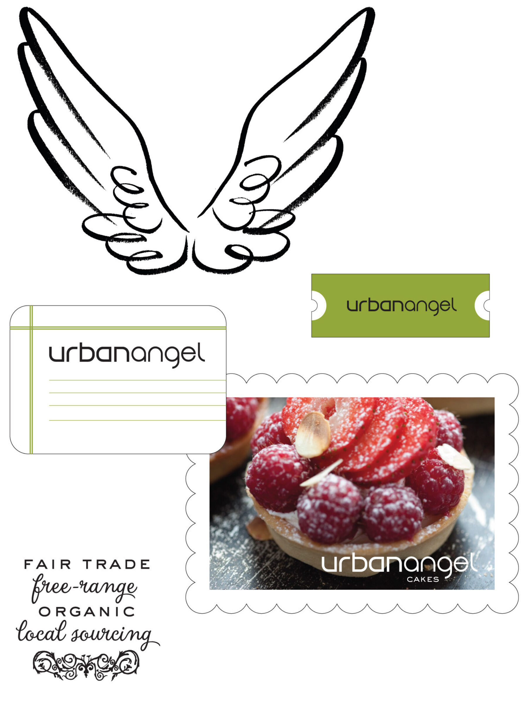Branding mood board with hand drawn wings, packging labels and fair trade typography.