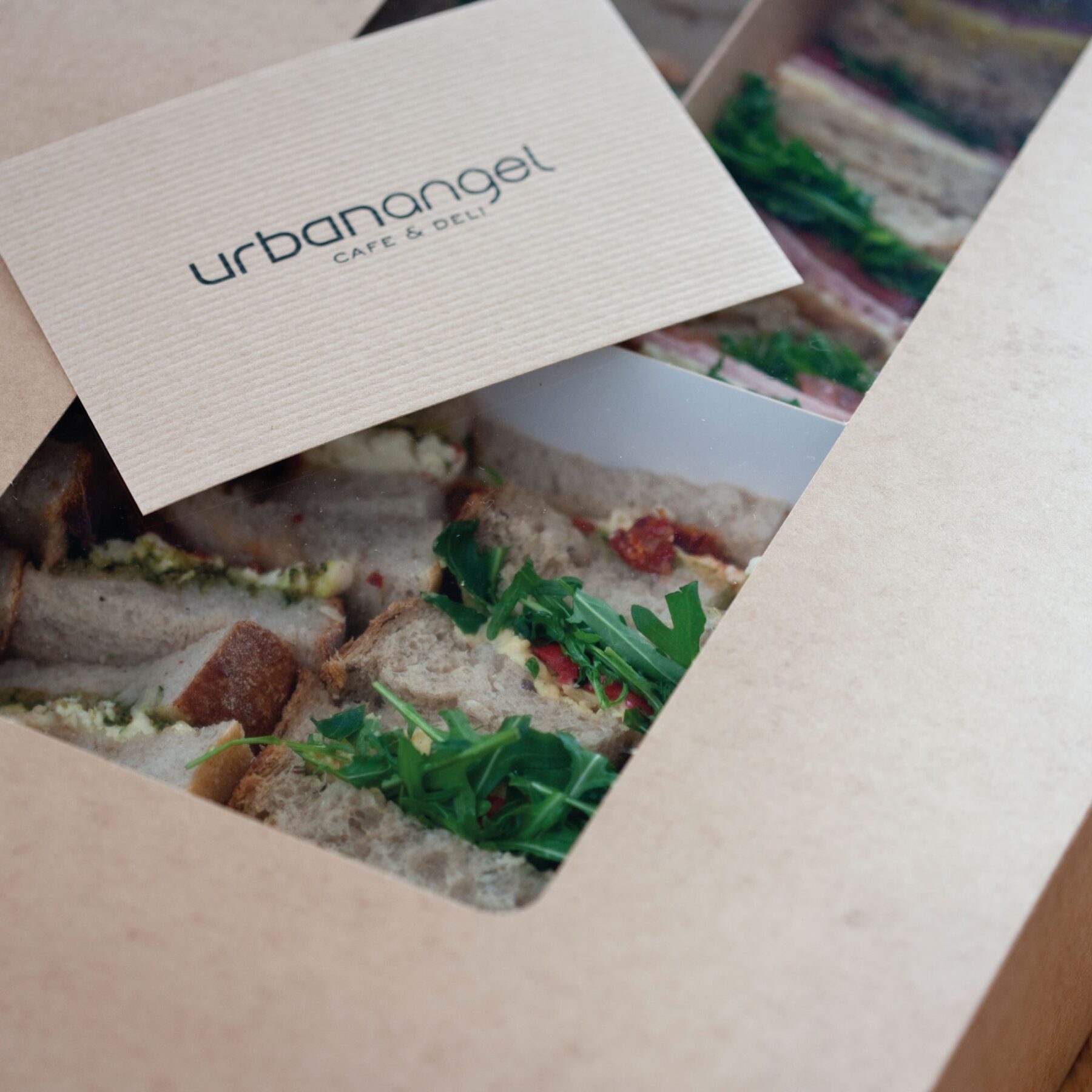 Urbanangel kraft box and postcard for take-away sandwiches.